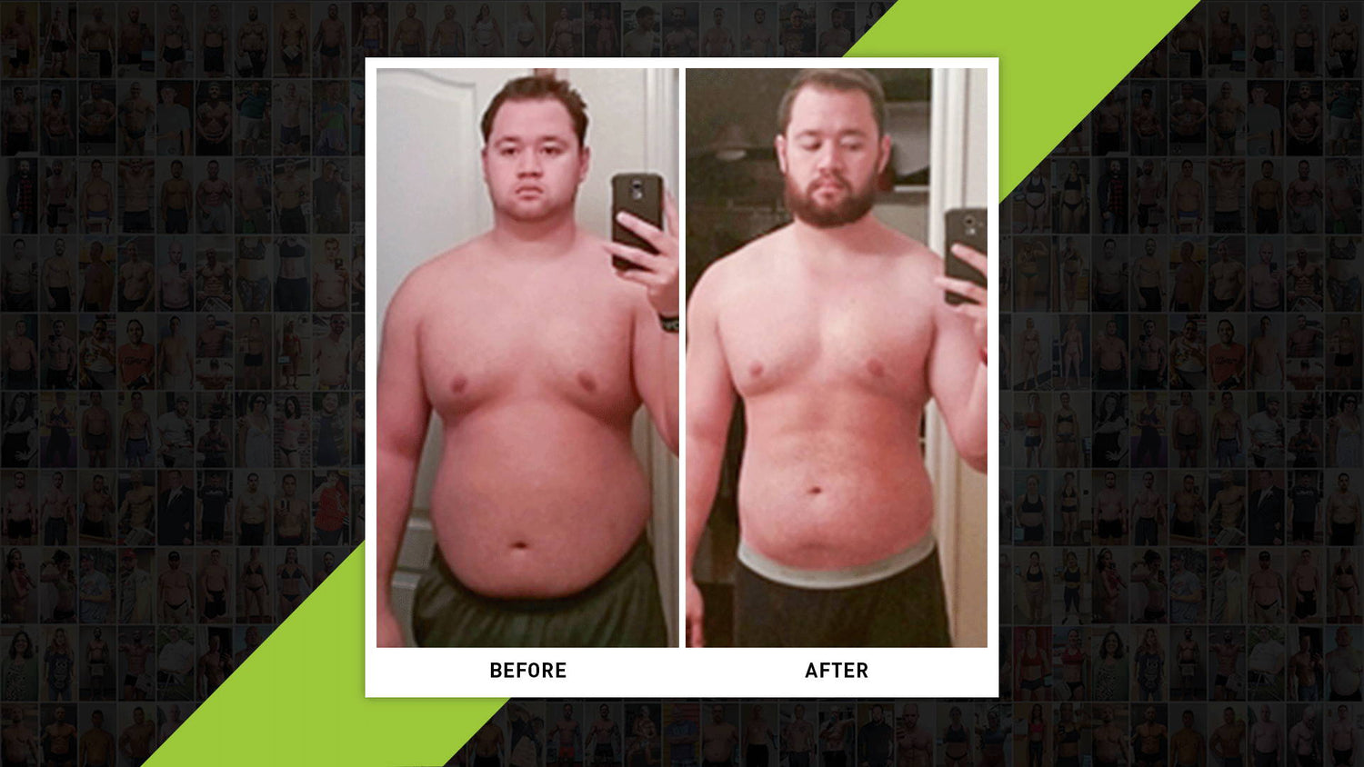 Charlie Carlisle Transformation comparison selfies labeled Before and After, shirtless man with trimmer midsection and bearded face.