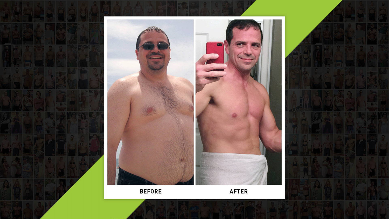 Jim McNab Transformation before and after panel showing weight loss from heavier beach shot to defined physique in bathroom selfie.