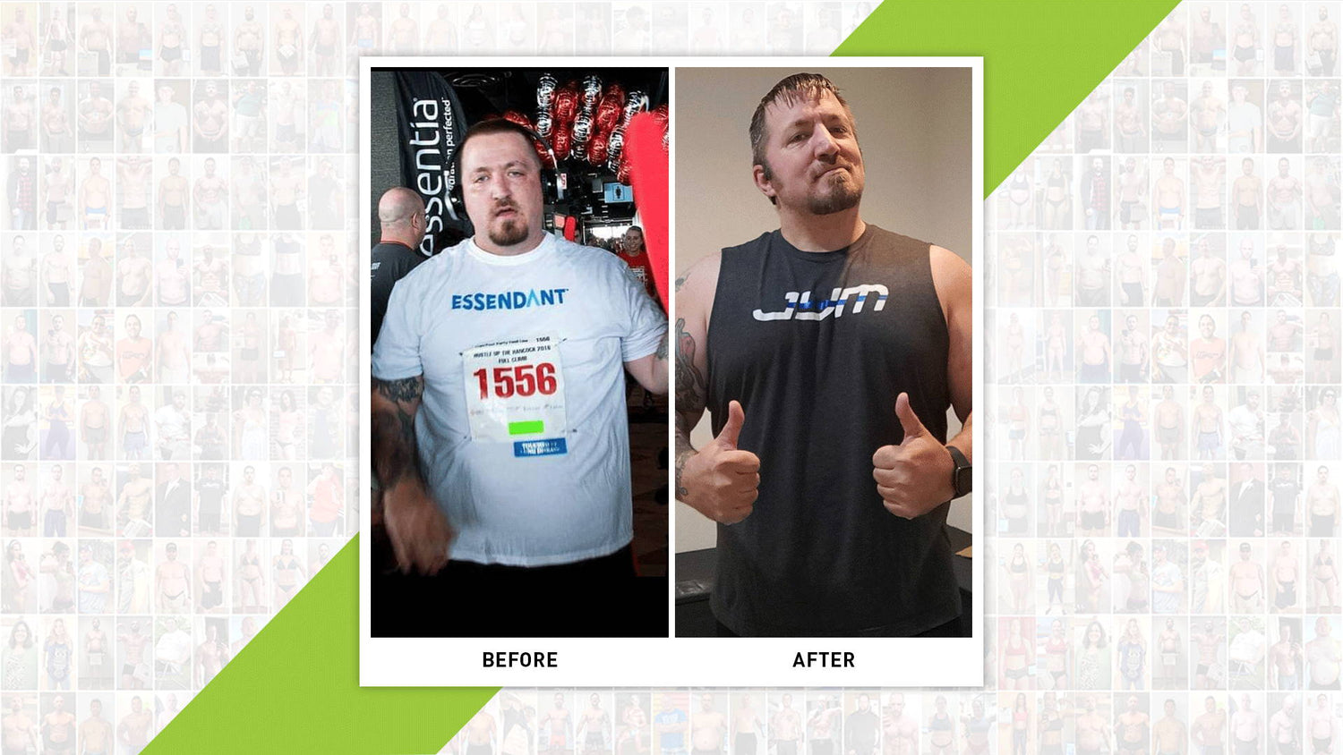 Bobby Johnson transformation comparison: before in loose Essendant race shirt, after leaner and muscular in black JYM cutoff giving double thumbs up.