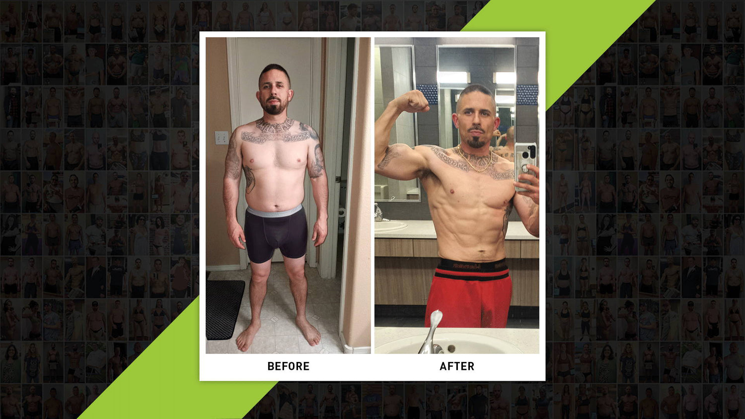 Dominic Flores Transformation before and after: softer physique in boxers beside lean, muscular mirror selfie flexing bicep.