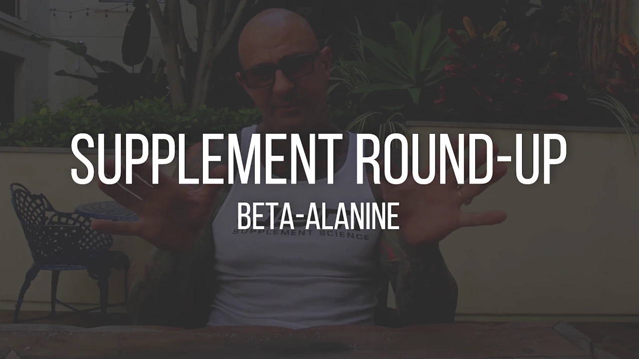 Jim Stoppani in sunglasses and white tank top speaking outdoors, title card reads Supplement Round-Up Beta-Alanine.