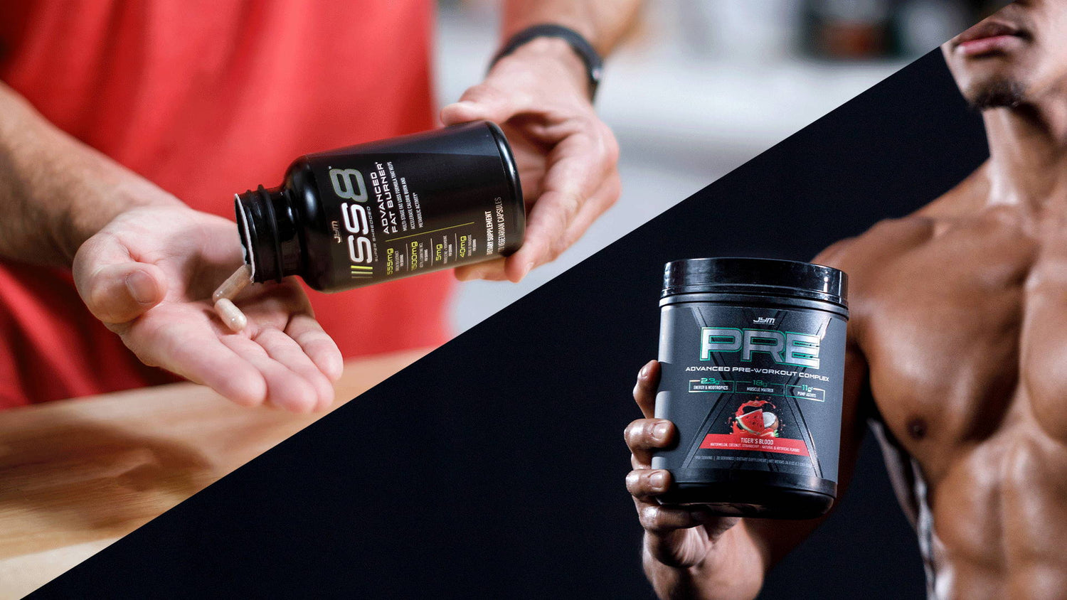 Diagonal split showing SS8 Advanced Fat Burner capsules tipped into a palm and a shirtless man gripping a Pre JYM X tub.
