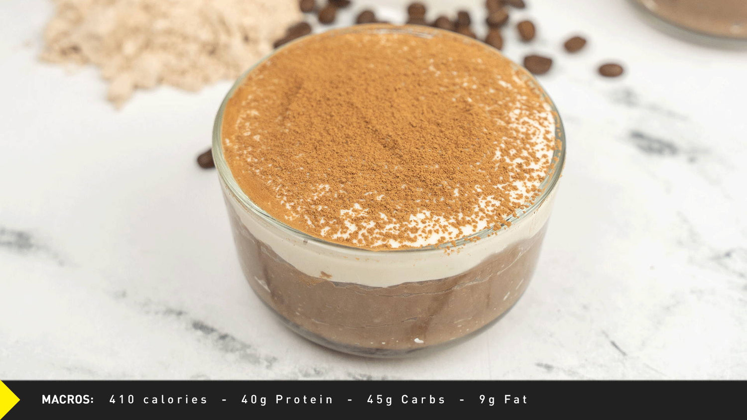 Plant JYM Tiramisu Protein Oatmeal served in a round glass, shown with macros: 410 calories, 40g protein, 45g carbs, 9g fat.