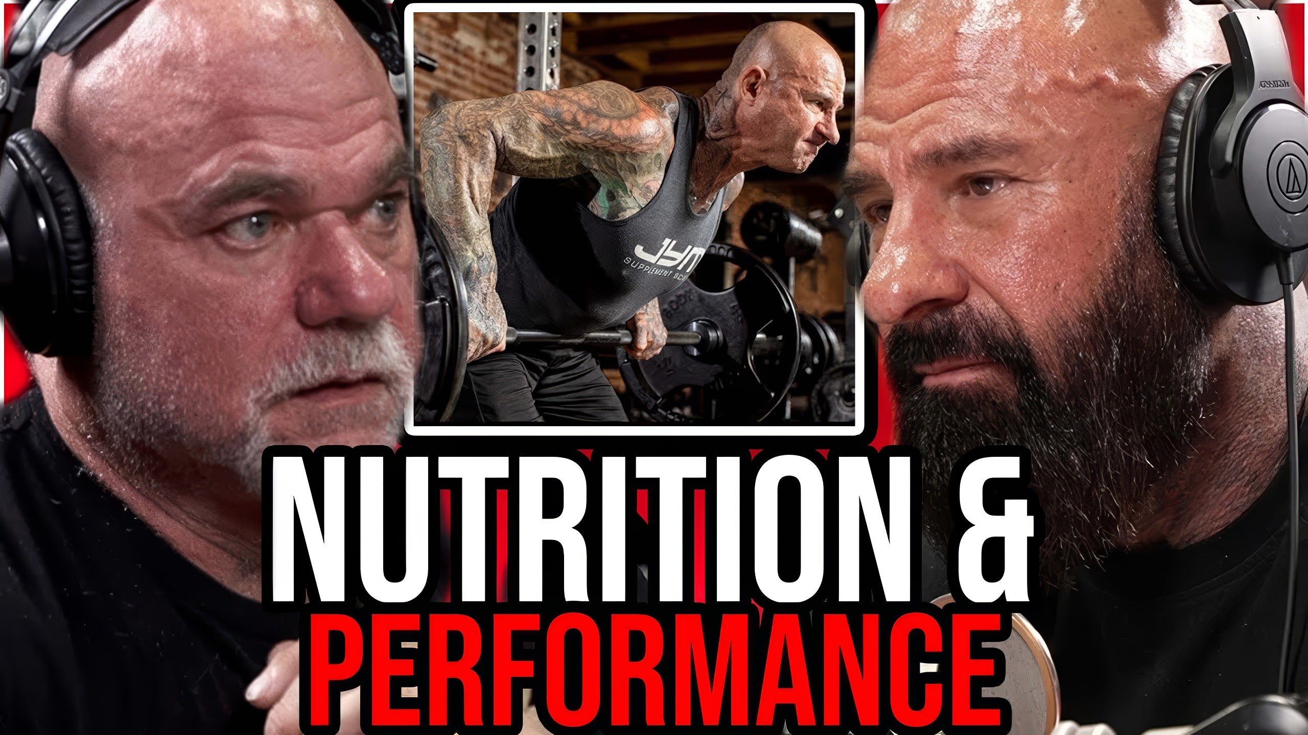 Table Talk episode cover for "2 Legends Talk Training and Supplements" showing two podcast hosts flanking a bent-over barbell row inset.