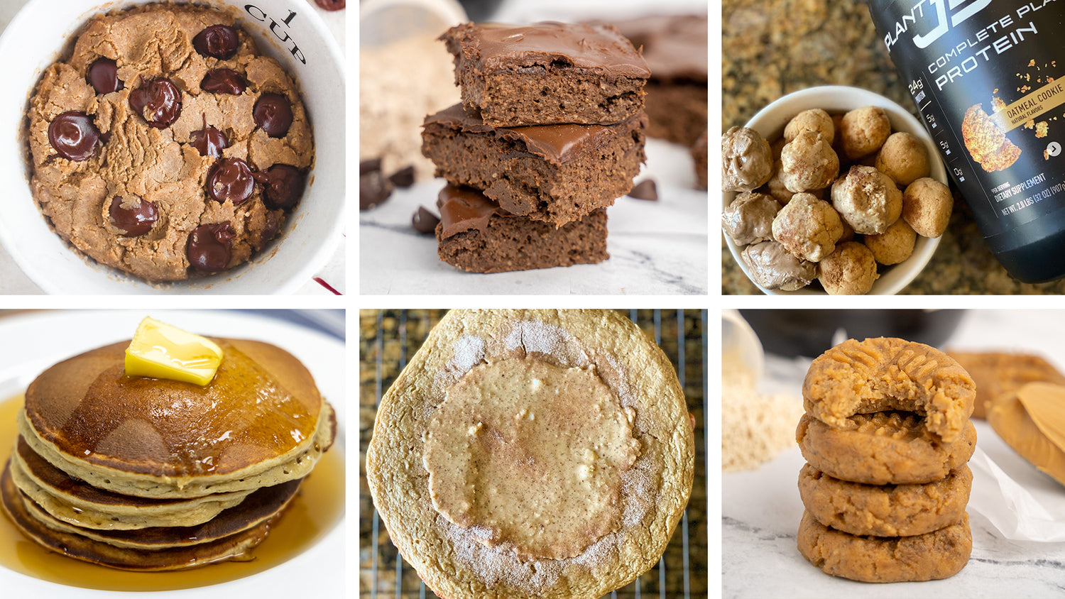 Grid of Plant-Based Protein Powder Recipes: cherry mug cake, fudge brownies, cookie dough bites, syrup pancakes, baked cookie, stacked cookies.