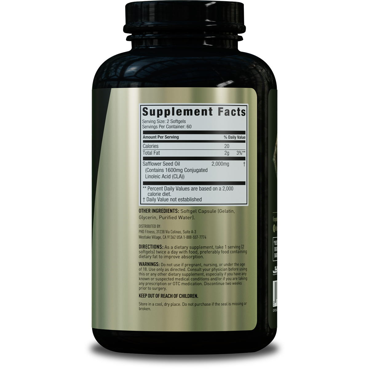 Back of JYM CLA bottle showing Supplement Facts panel, 2,000mg safflower seed oil, directions, and warnings. - image 2 of 6