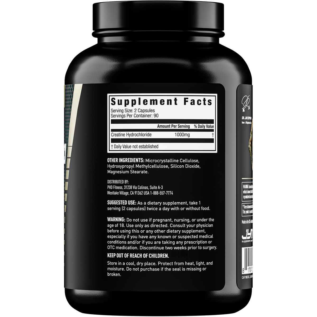 Side of the JYM Creatine HCl Capsules bottle showing the Supplement Facts panel: 2 capsules provide 1000mg creatine hydrochloride, 90 servings per container, plus other ingredients, suggested use and warnings. - image 2 of 3