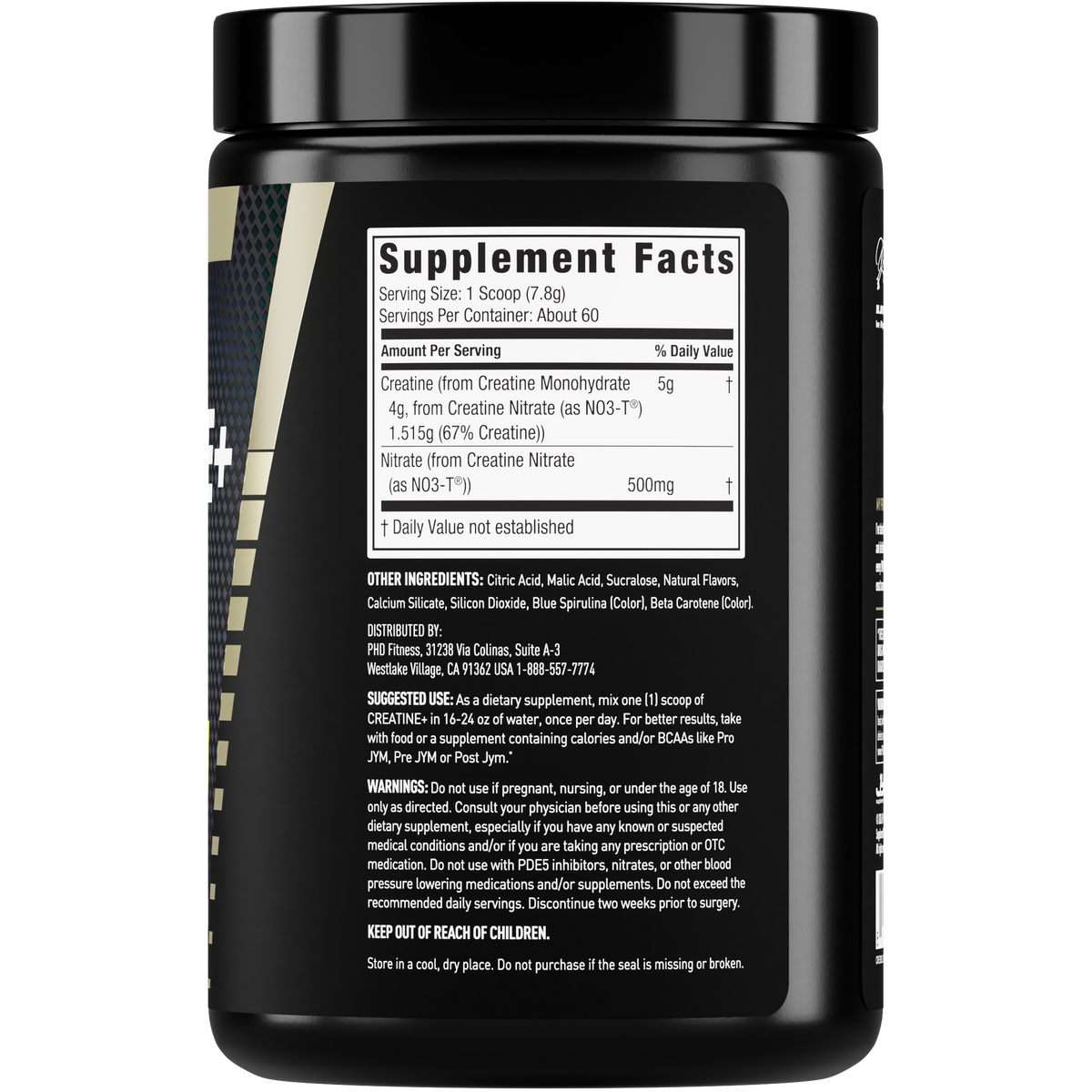 JYM Creatine+ Lemon Lime tub back showing the Supplement Facts panel, other ingredients, directions and warnings. - image 10 of 18