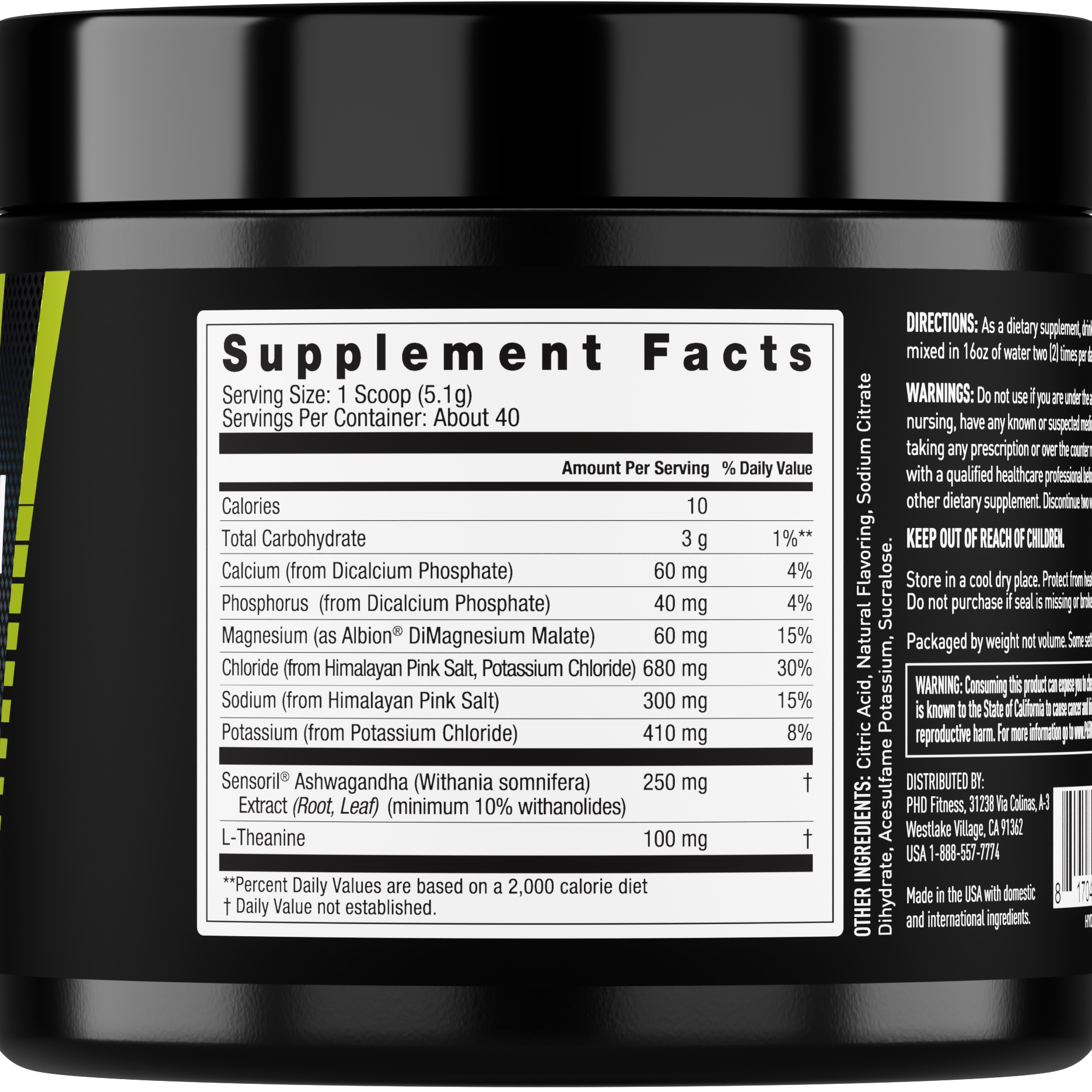 A black plastic tub of a dietary supplement with a white 'Supplement Facts' label, shown against a plain white background. - image 2 of 4