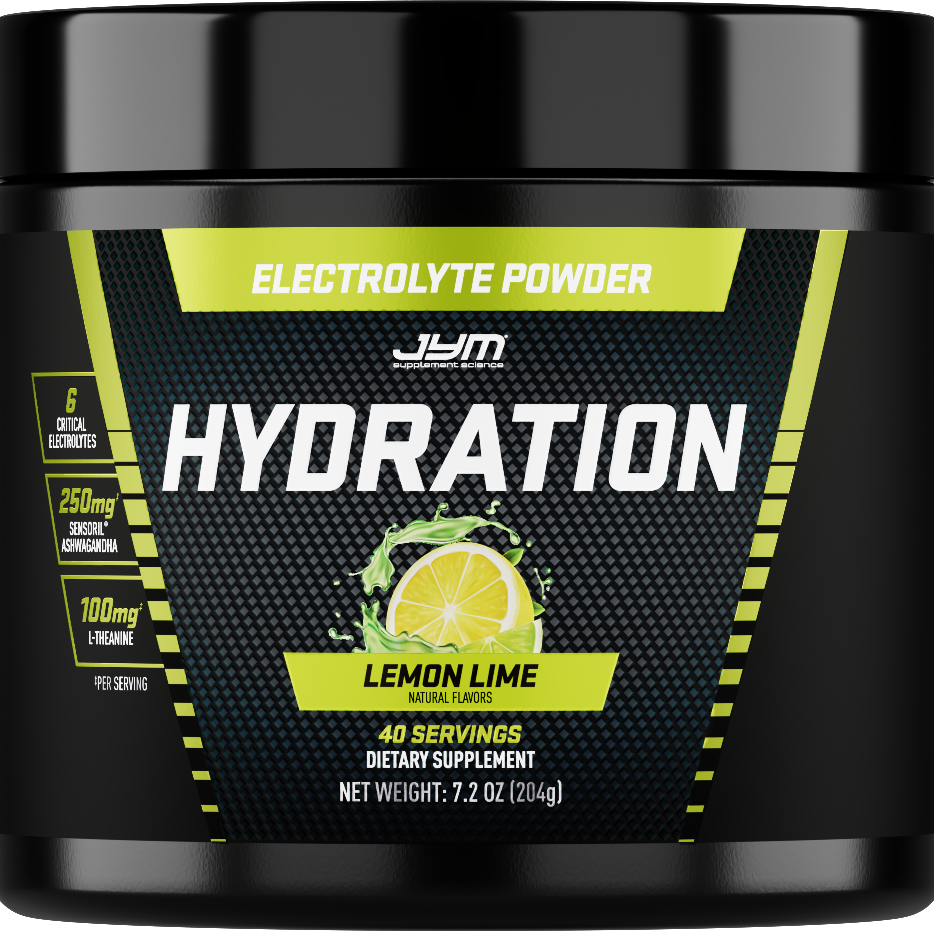 A black tub of JYM Hydration Electrolyte Powder in Lemon Lime flavor, shown on a solid white background.