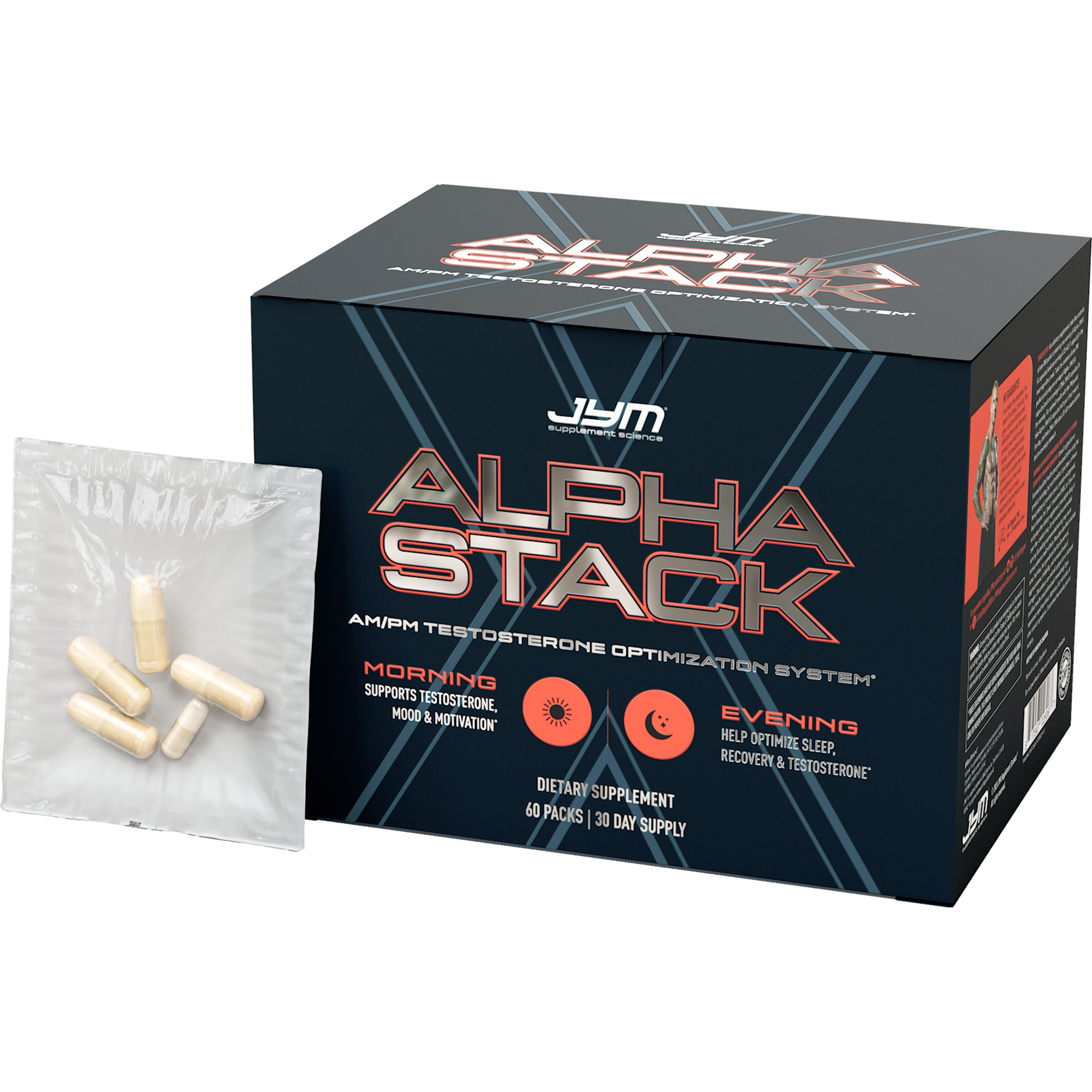JYM Alpha Stack supplement packaging with capsules on a white background