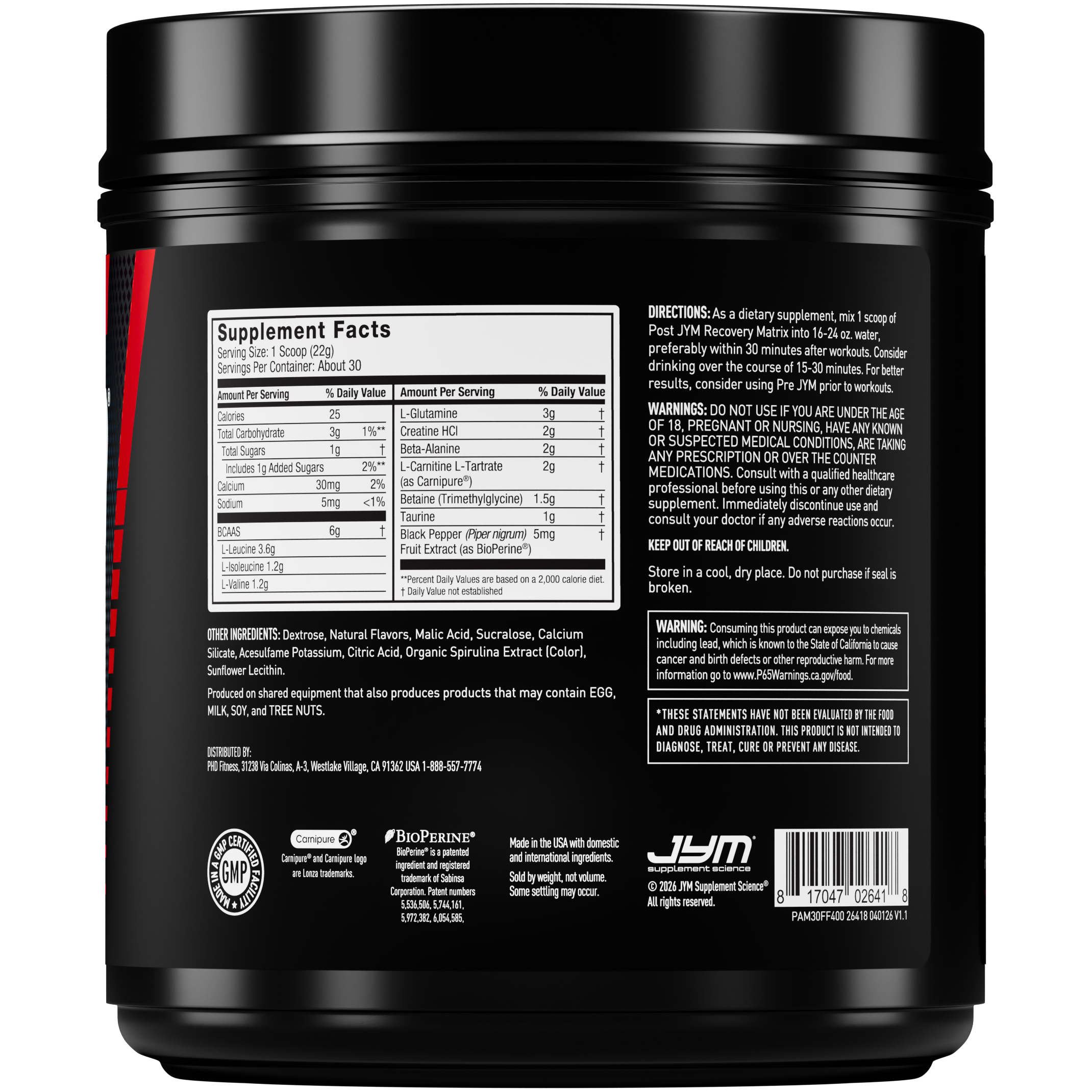 The back of a large black plastic tub of JHM supplement powder, showing the Supplement Facts panel and other regulatory text, on a plain white studio background. - image 2 of 33