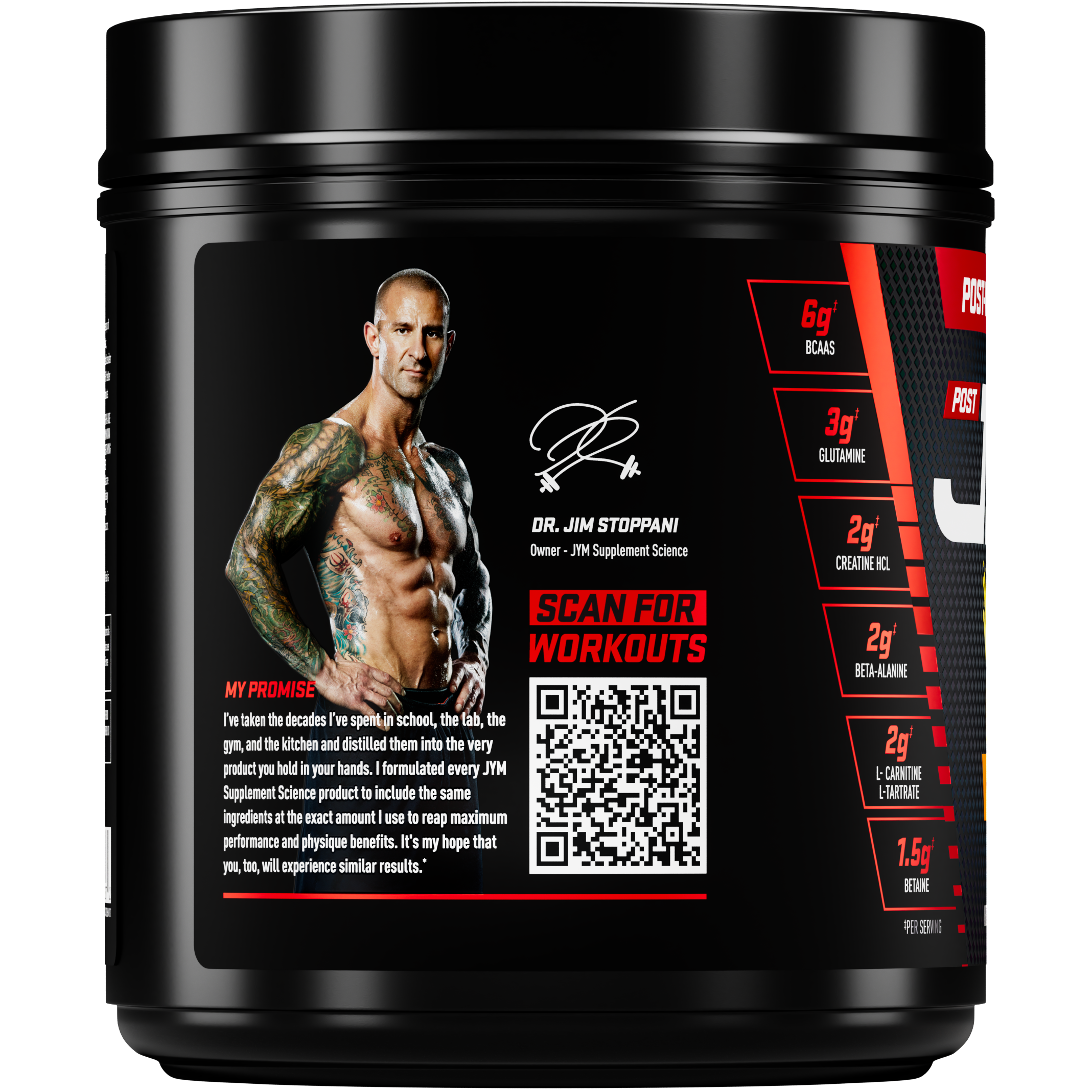 A black tub of Dr. Jim Stoppani Seai for Workouts supplement powder, featuring a label with a photo of the trainer, a QR code, and red and white text detailing the macros. - image 33 of 33