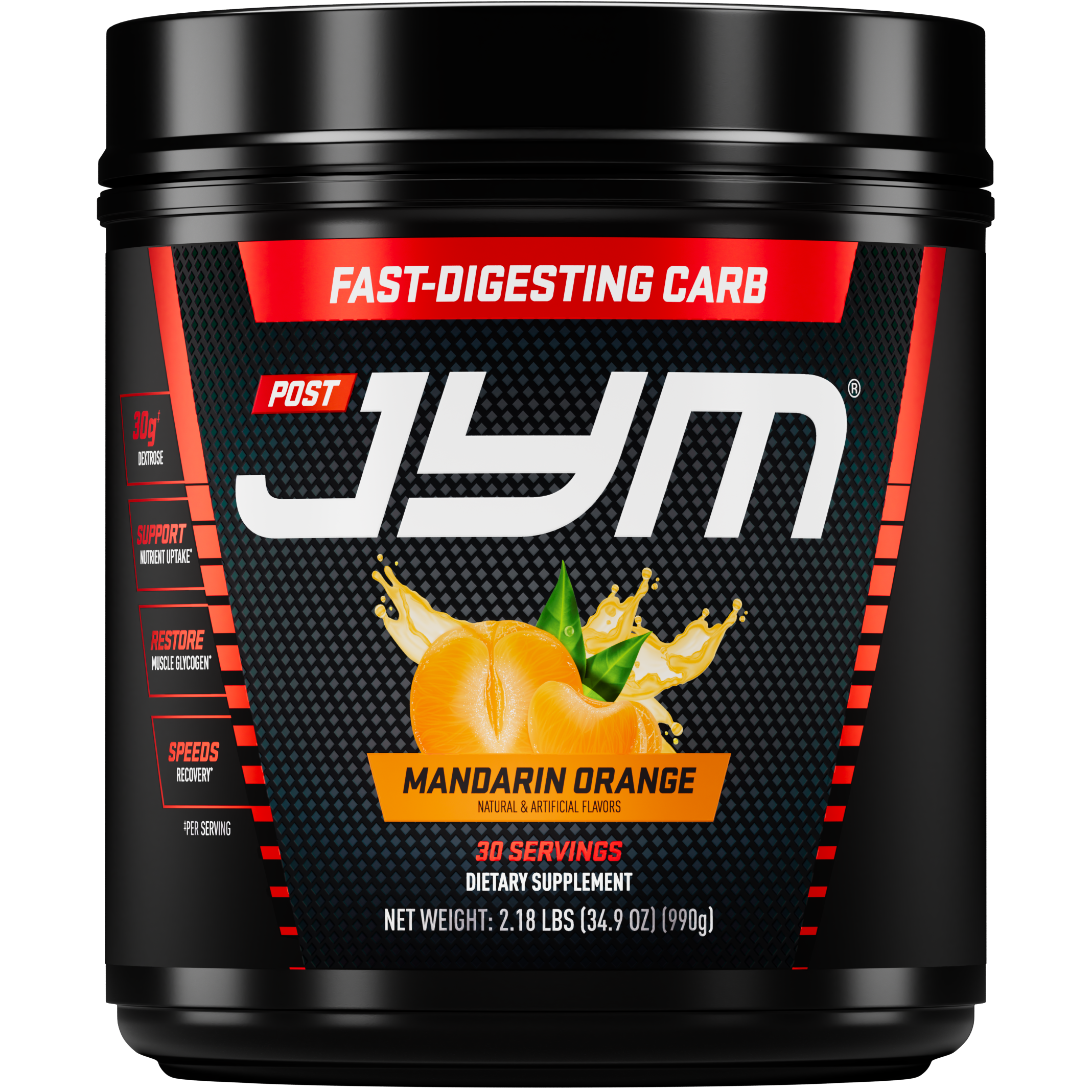 A black tub of JYM Post Fast-Digesting Carb in Mandarin Orange flavor, featuring a red and black label with an orange graphic, on a solid white background. - image 7 of 9