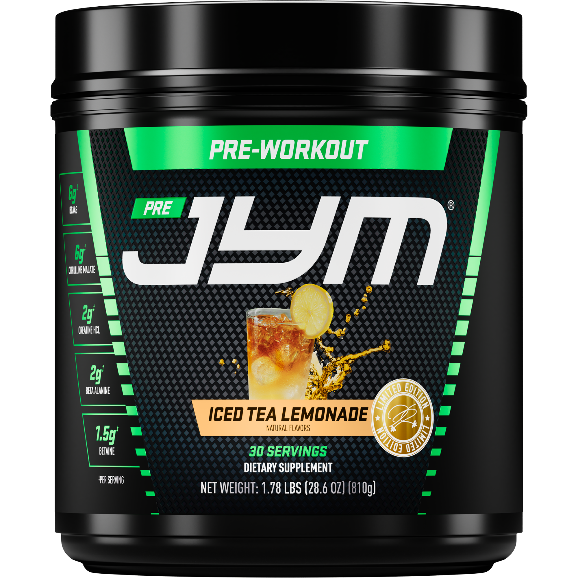 Pre-workout supplement container labeled 'Pre Jym' with iced tea lemonade flavor on a black background. - image 47 of 47