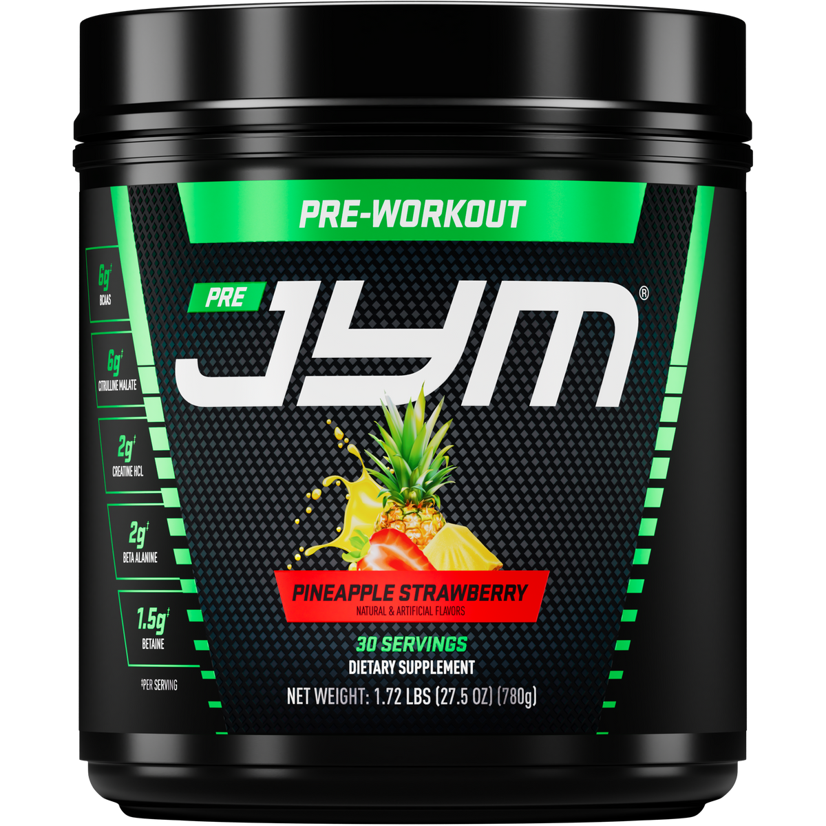 A black tub of JYM Pre-Workout supplement in Pineapple Strawberry flavor, featuring a green and black label with a pineapple graphic - image 69 of 93