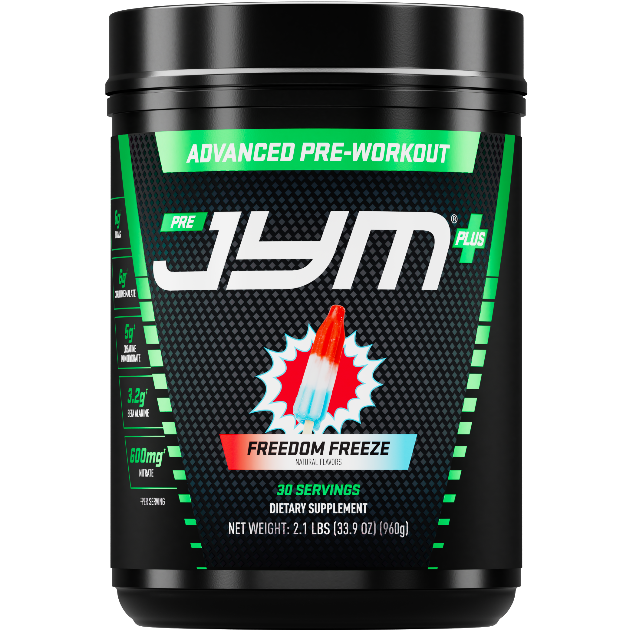 A black tub of JYM+ Pre-Workout 'Freedom Freeze' dietary supplement, featuring a black label with green, white, and red graphics, set against a plain white background.
