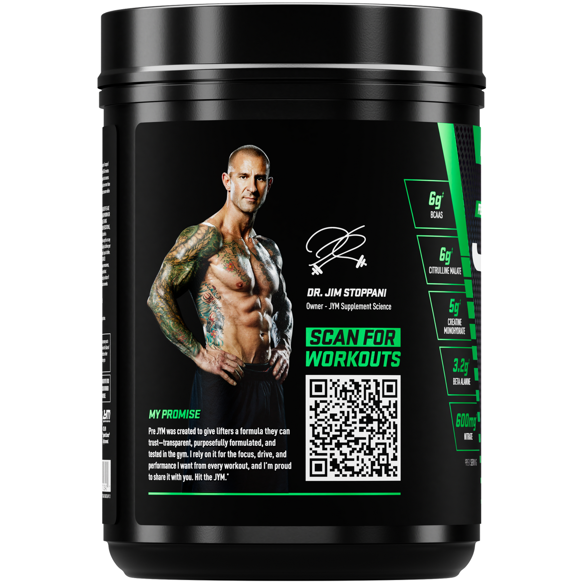 A black tub of Dr. Jim Stoppani's 'My Promise' supplement powder for workouts, featuring a label with a photo of Dr. - image 6 of 18