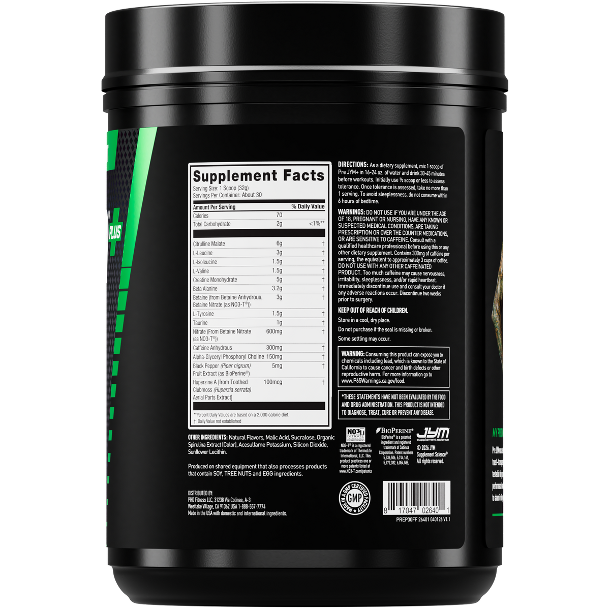 A black plastic tub of a dietary supplement shown from the back, displaying the Supplement Facts label, on a solid white background. - image 5 of 18