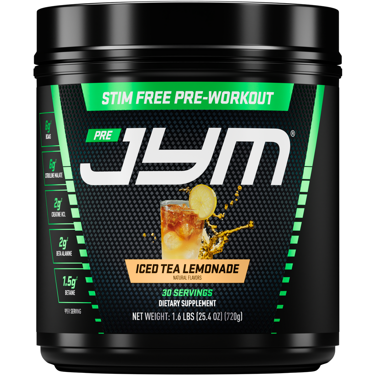 Pre JYM Pre-Workout Stim-Free tub, Iced Tea Lemonade flavor, front label with iced tea lemonade glass, 25.4 oz, 30 servings.