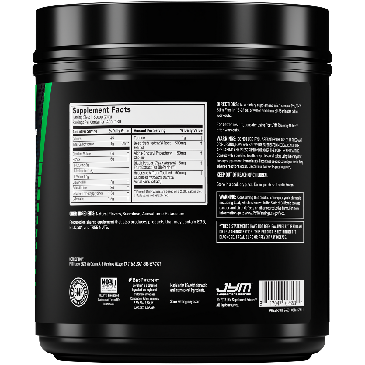 Pre JYM Pre-Workout Stim-Free Iced Tea Lemonade tub, side view showing Supplement Facts, directions, and warnings. - image 5 of 11