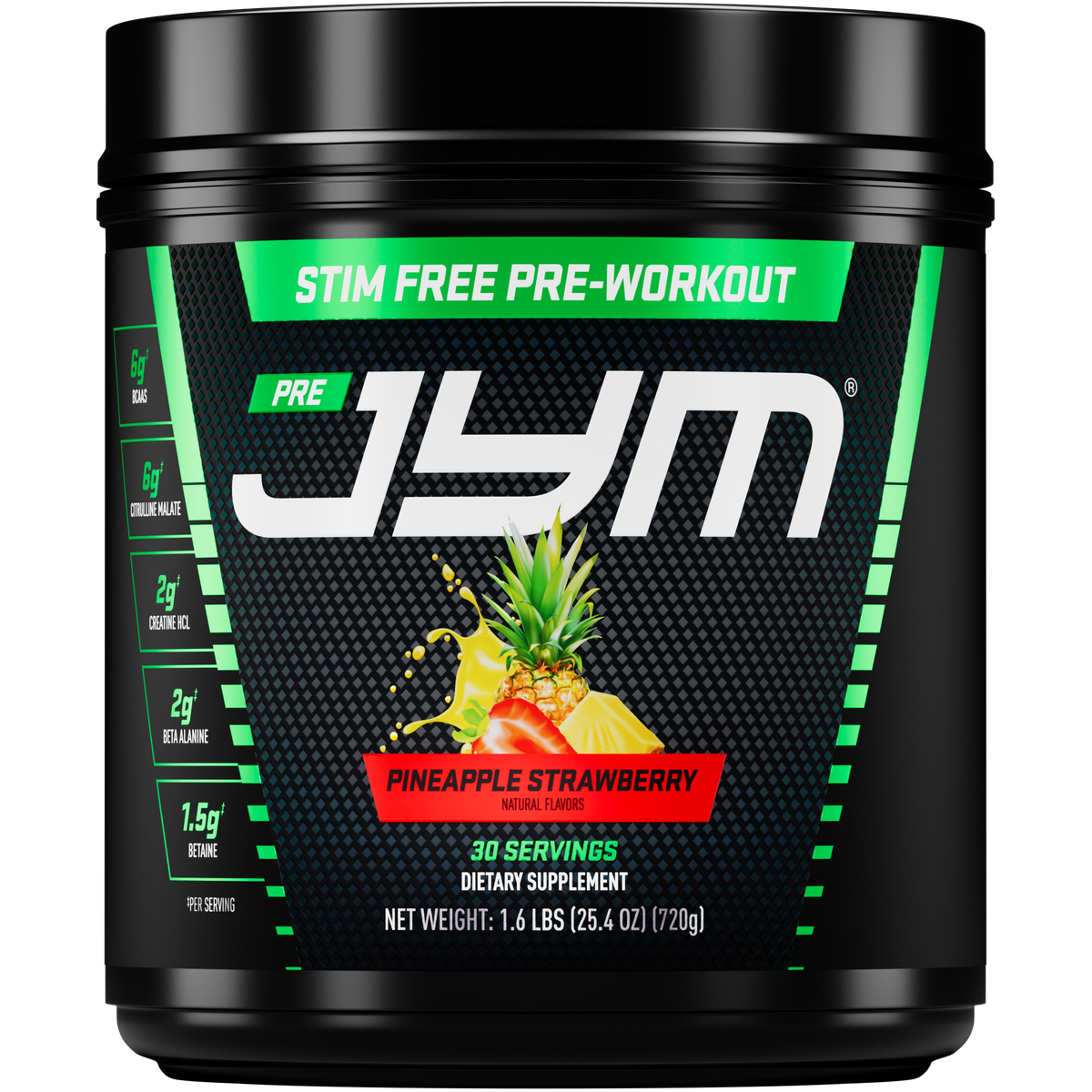 Pre JYM Pre-Workout Stim-Free tub, Pineapple Strawberry flavor, front label with pineapple and strawberry graphic, 25.4 oz, 30 servings. - image 1 of 11