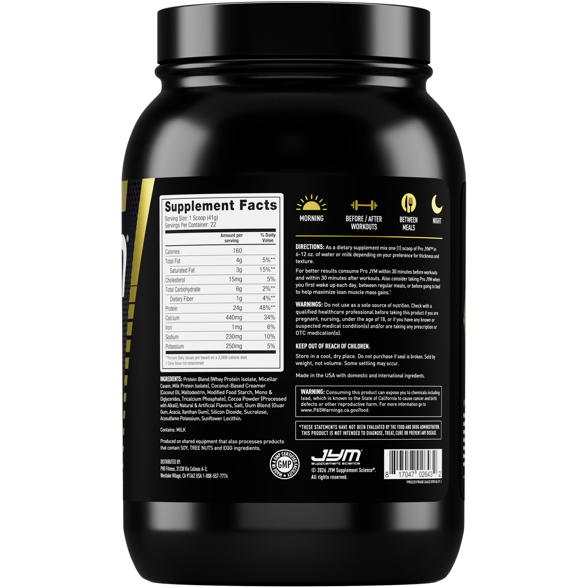 Pro JYM Protein Powder 22-serving Chocolate Peanut Butter tub, side view showing Supplement Facts, ingredients, directions, and warnings. - image 2 of 40