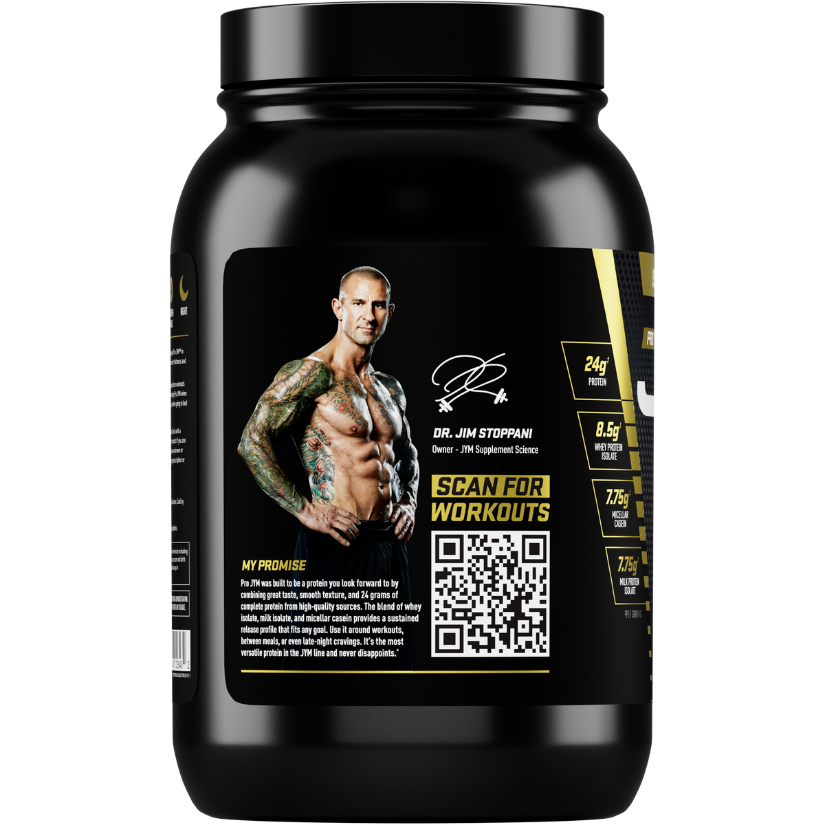 Pro JYM Protein Powder tub side panel with Dr. Jim Stoppani's photo, his promise, and a Scan for Workouts QR code. - image 3 of 40