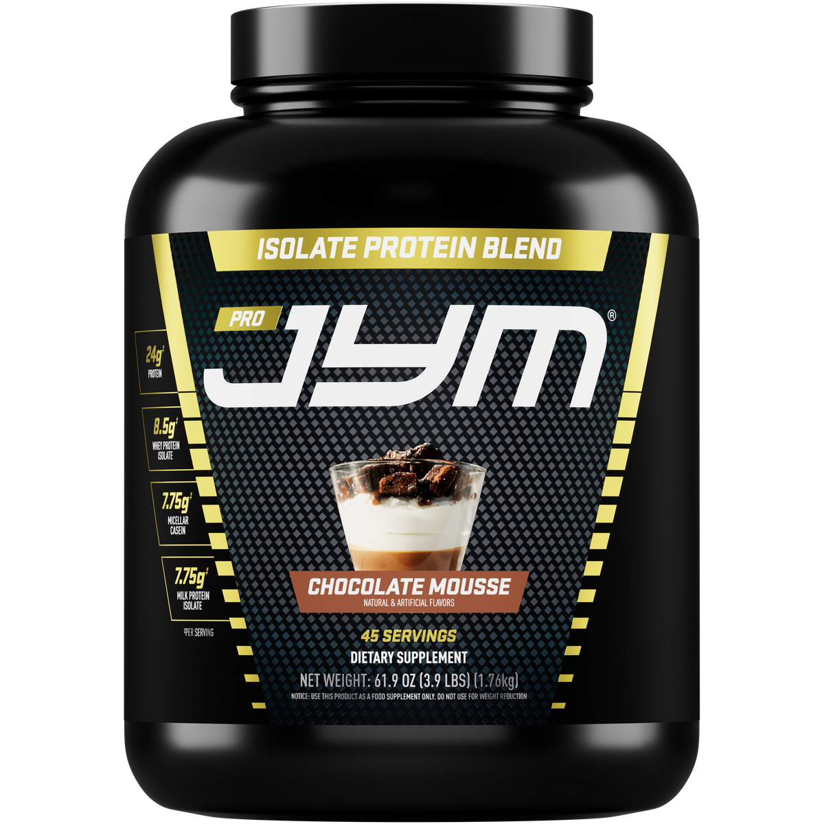 Pro JYM Protein Powder 3.9 lb black tub, Chocolate Mousse flavor, 45 servings, front label with dessert glass graphic. - image 25 of 40