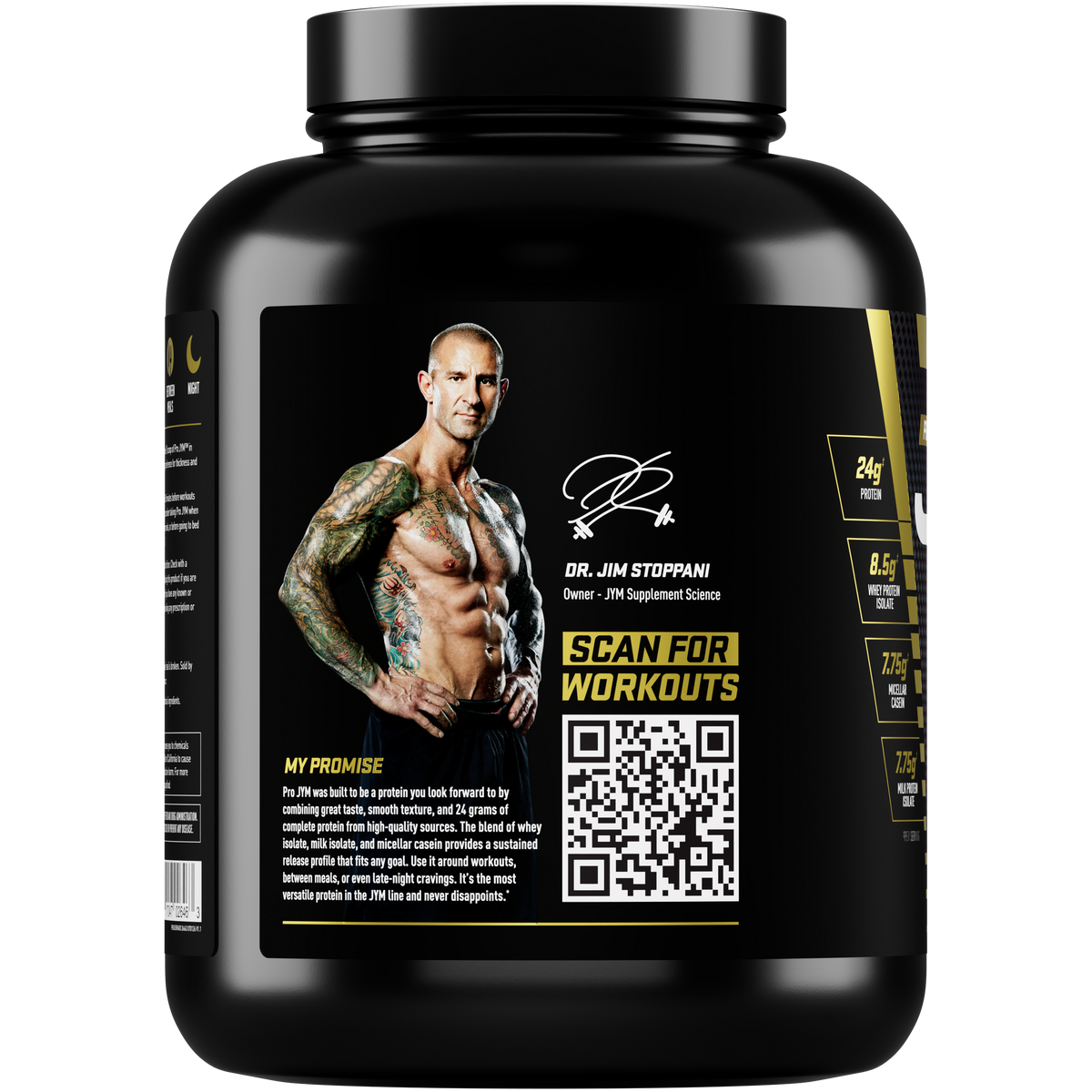 Pro JYM Protein Powder tub side panel with Dr. Jim Stoppani's photo, his promise, and a Scan for Workouts QR code. - image 13 of 40