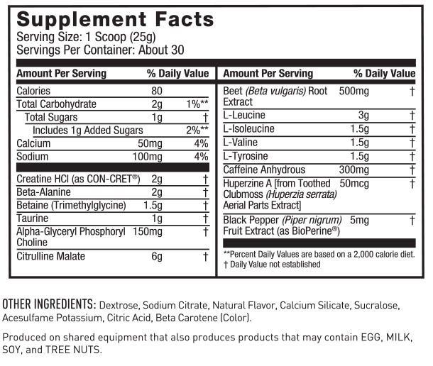 Pre JYM High-Performance Pre-Workout Supplement Facts