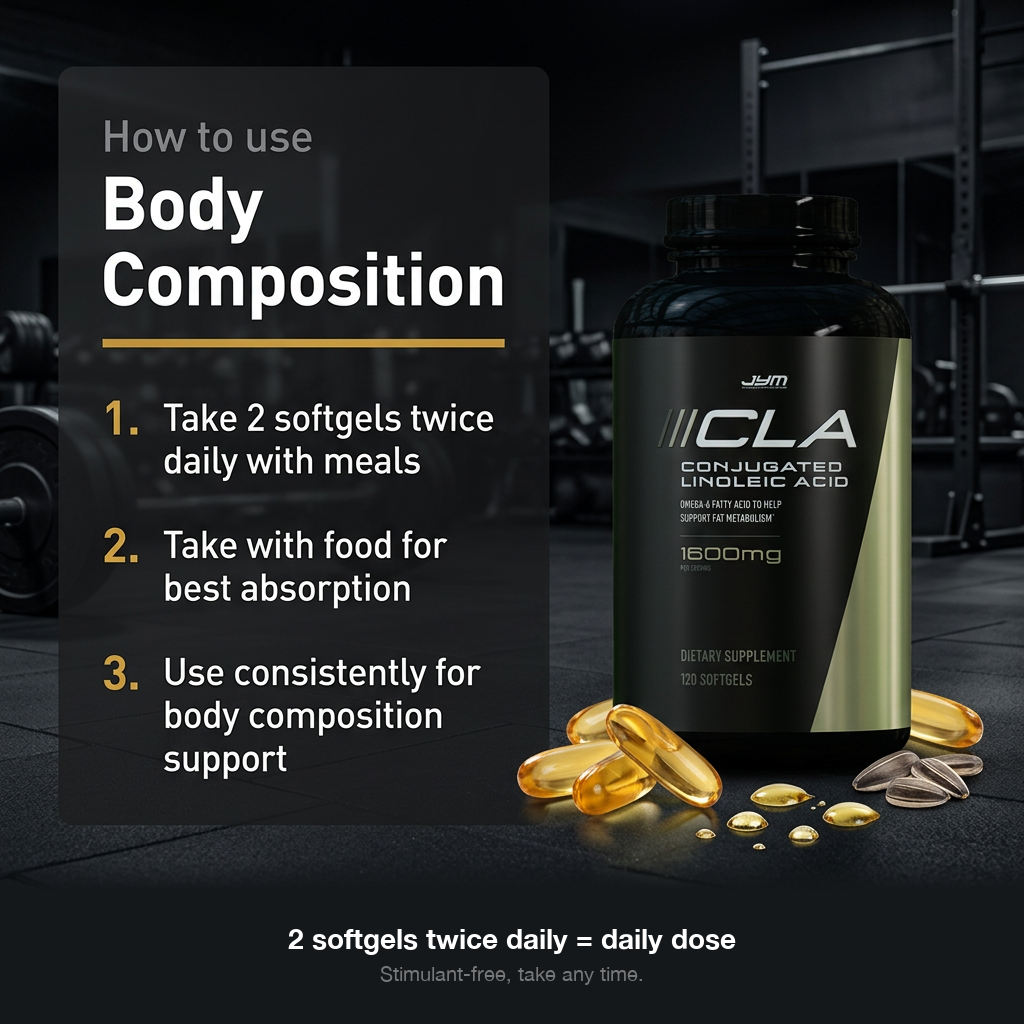 How to use JYM CLA: 2 softgels twice daily with meals, take with food, use consistently; bottle with spilled golden softgels. - image 3 of 6