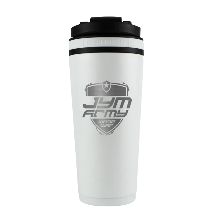 White tumbler with black lid featuring 'JYM Army' logo on a white background