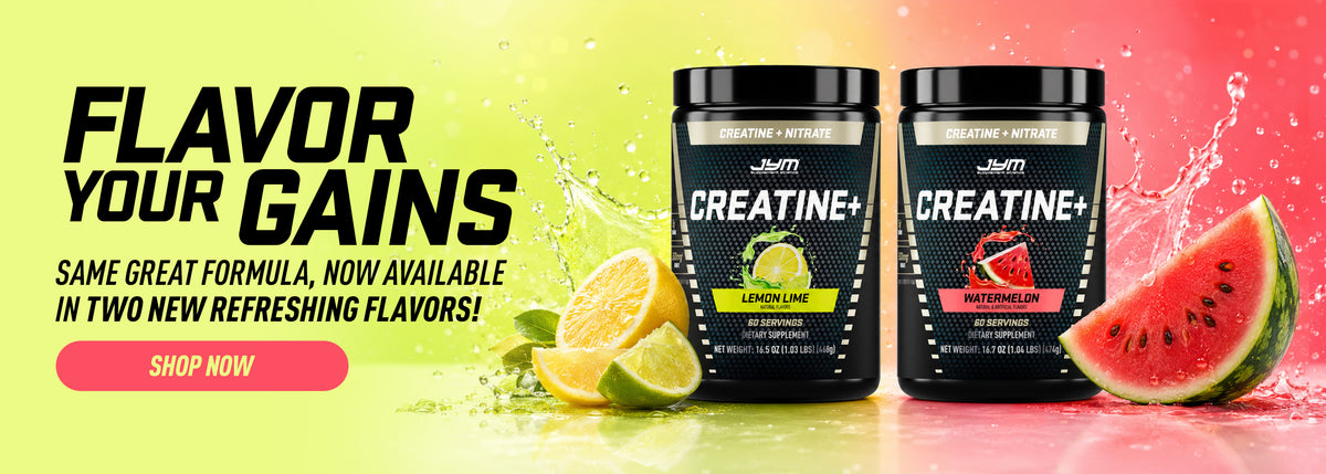 Two black supplement tubs labeled Creatine+ on a bright yellow-to-pink gradient background with lemon slices and a watermelon wedge. Large text reads 'Flavor Your Gains' and includes a pink 'Shop Now' button.