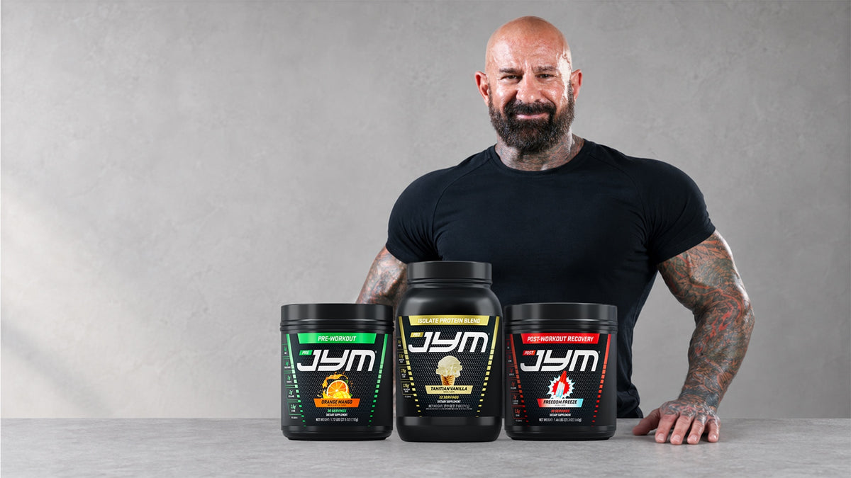 Dr. Jim Stoppani in a black tee behind Pre JYM, Pro JYM and Post JYM