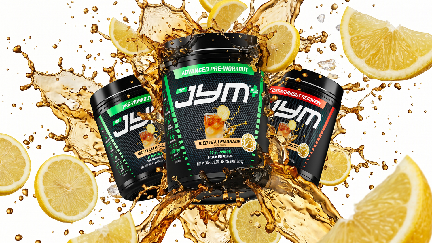 Pre-jym, pre-jym+, and post-jym in iced tea lemonade, surrounded by tea liquid splashes and lemons