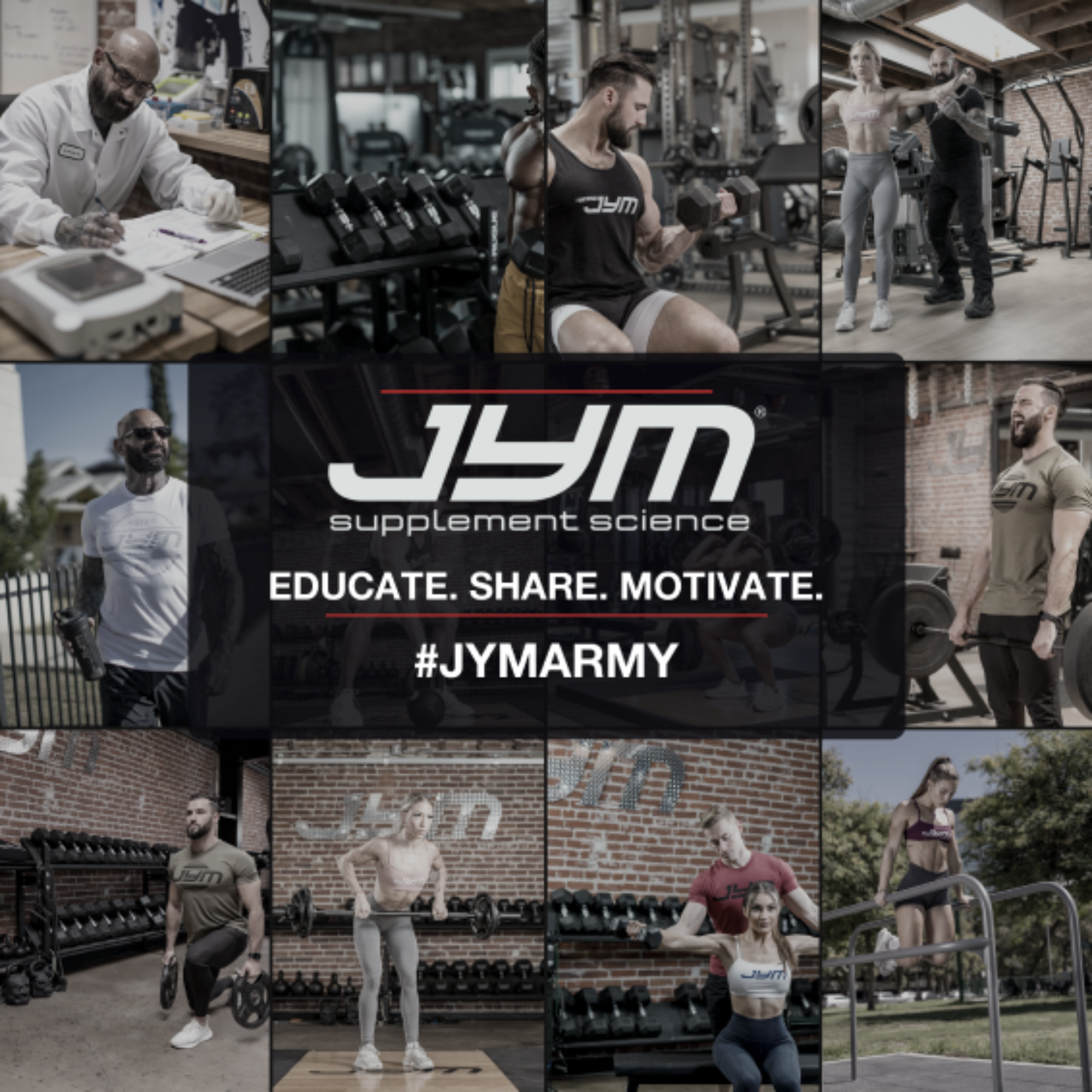 JYM CLA #JYMARMY grid: lifters curling, deadlifting, squatting at brick-wall gym; Dr. Stoppani in lab coat writing notes. - image 6 of 6