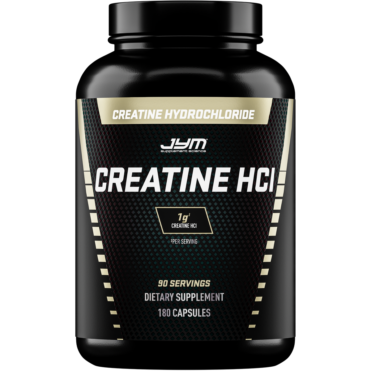 Front of a black JYM Creatine HCl Capsules bottle with a gold and carbon-fiber label reading Creatine Hydrochloride, Creatine HCl, 1g creatine HCl per serving, 90 servings, 180 capsules. - image 1 of 3