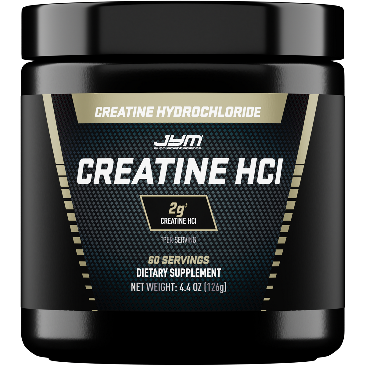 Front of a black JYM Creatine HCl Powder tub with a gold and carbon-fiber label reading Creatine Hydrochloride, Creatine HCl, 2g creatine HCl per serving, 60 servings, net weight 4.4 oz (126g). - image 1 of 3