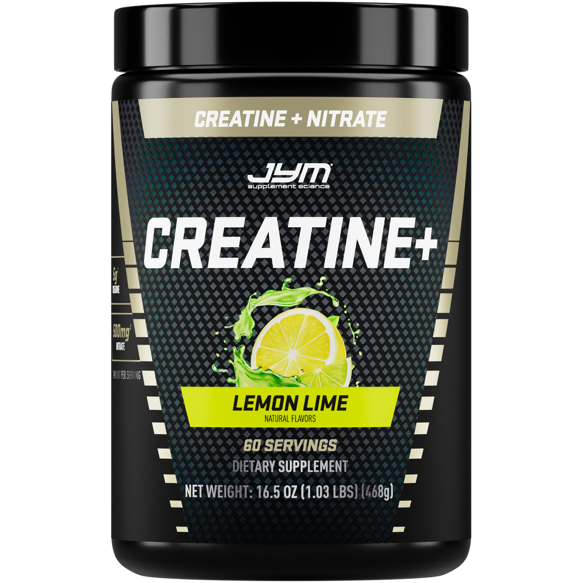 A black tub of JYM Creatine+ dietary supplement in Lemon Lime flavor, featuring a black label with a lime graphic and white text, on a solid white background. - image 7 of 18