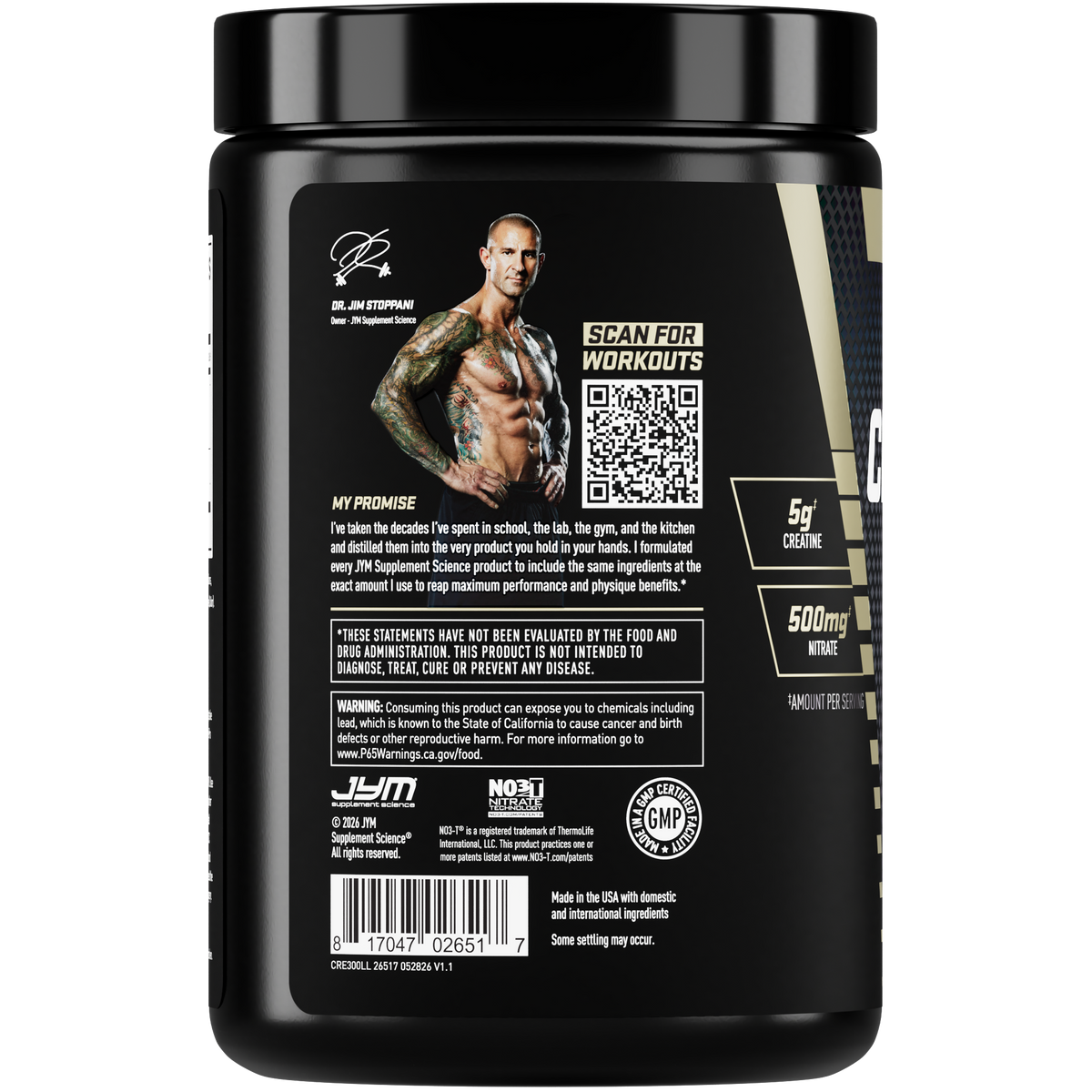 JYM Creatine+ Lemon Lime tub side panel with Dr. Jim Stoppani's photo and My Promise guarantee, a Scan for Workouts QR code and barcode. - image 11 of 18