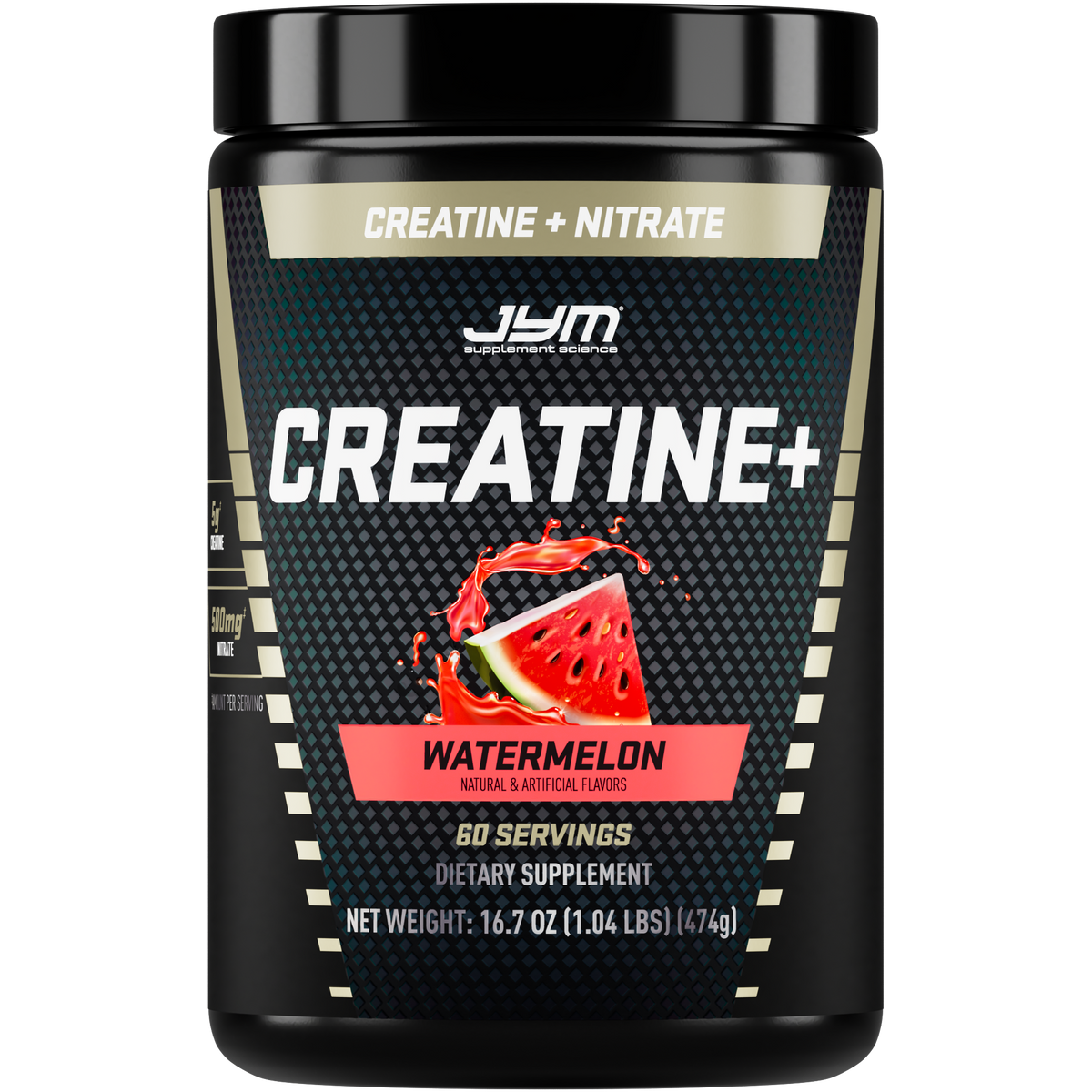 A black tub of JYM Creatine+ dietary supplement in watermelon flavor, featuring a black lid and a label with a watermelon graphic on a dark textured background.