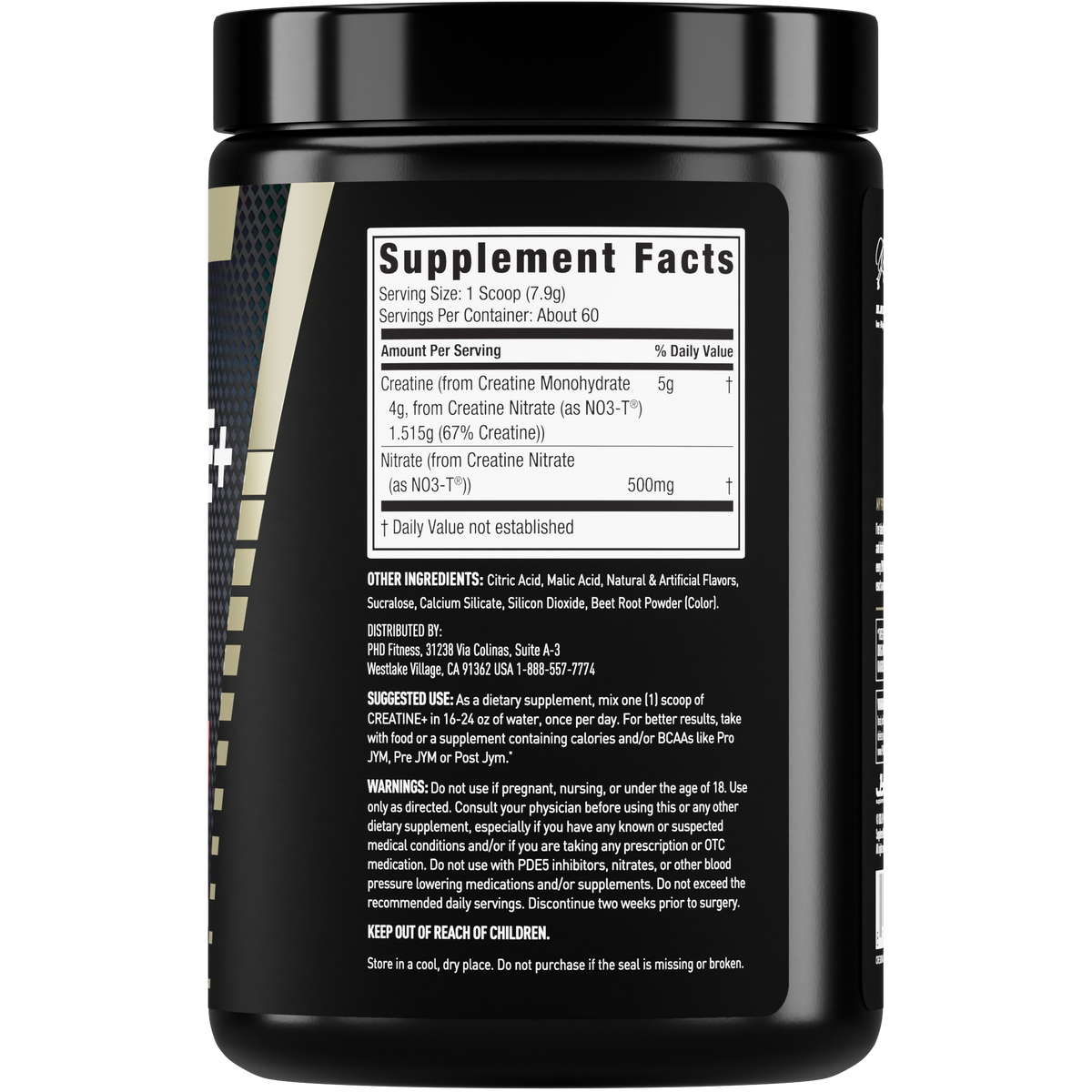 JYM Creatine+ Watermelon tub back showing the Supplement Facts panel, other ingredients, directions and warnings. - image 4 of 18