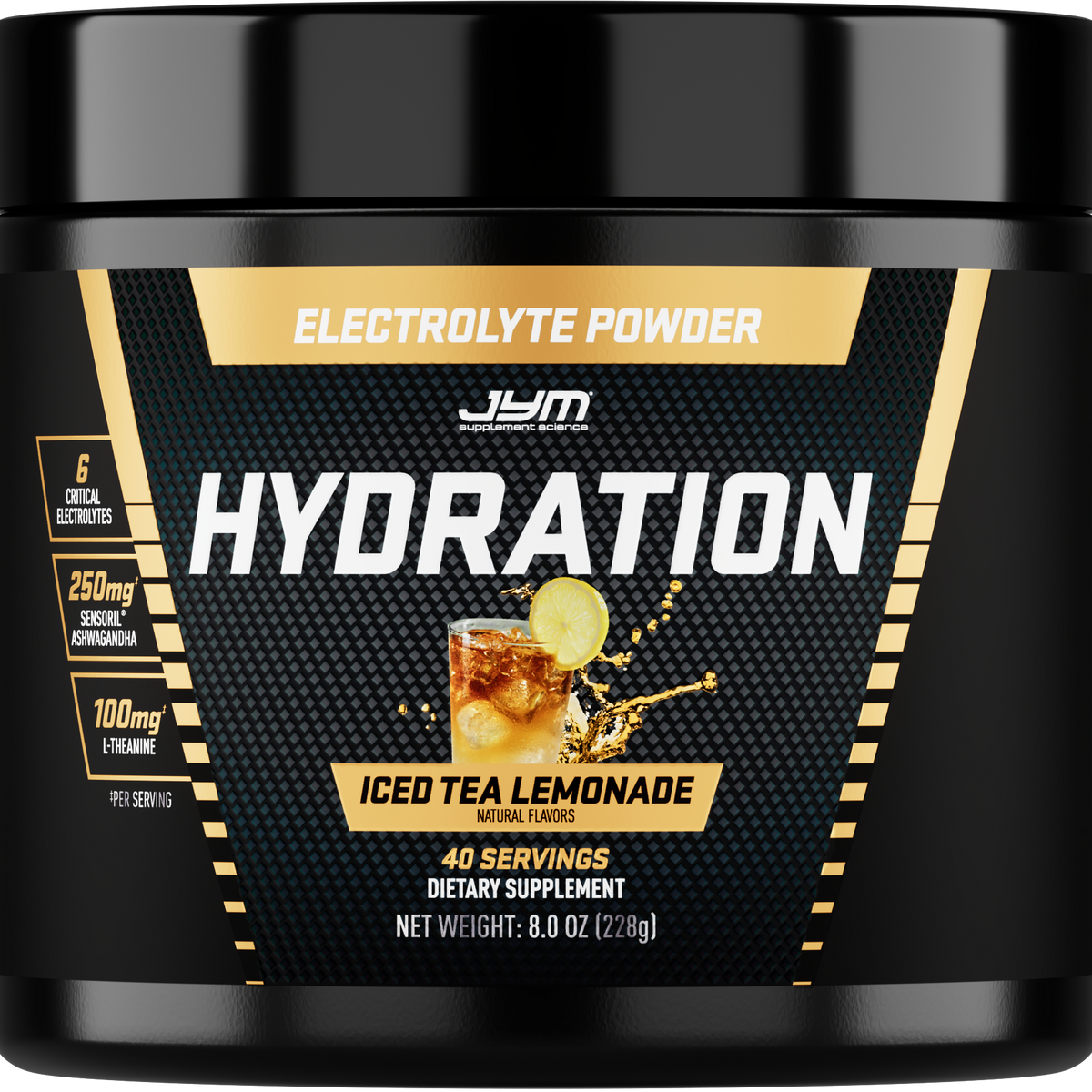 A black tub of JYM Hydration Electrolyte Powder in Iced Tea Lemonade flavor