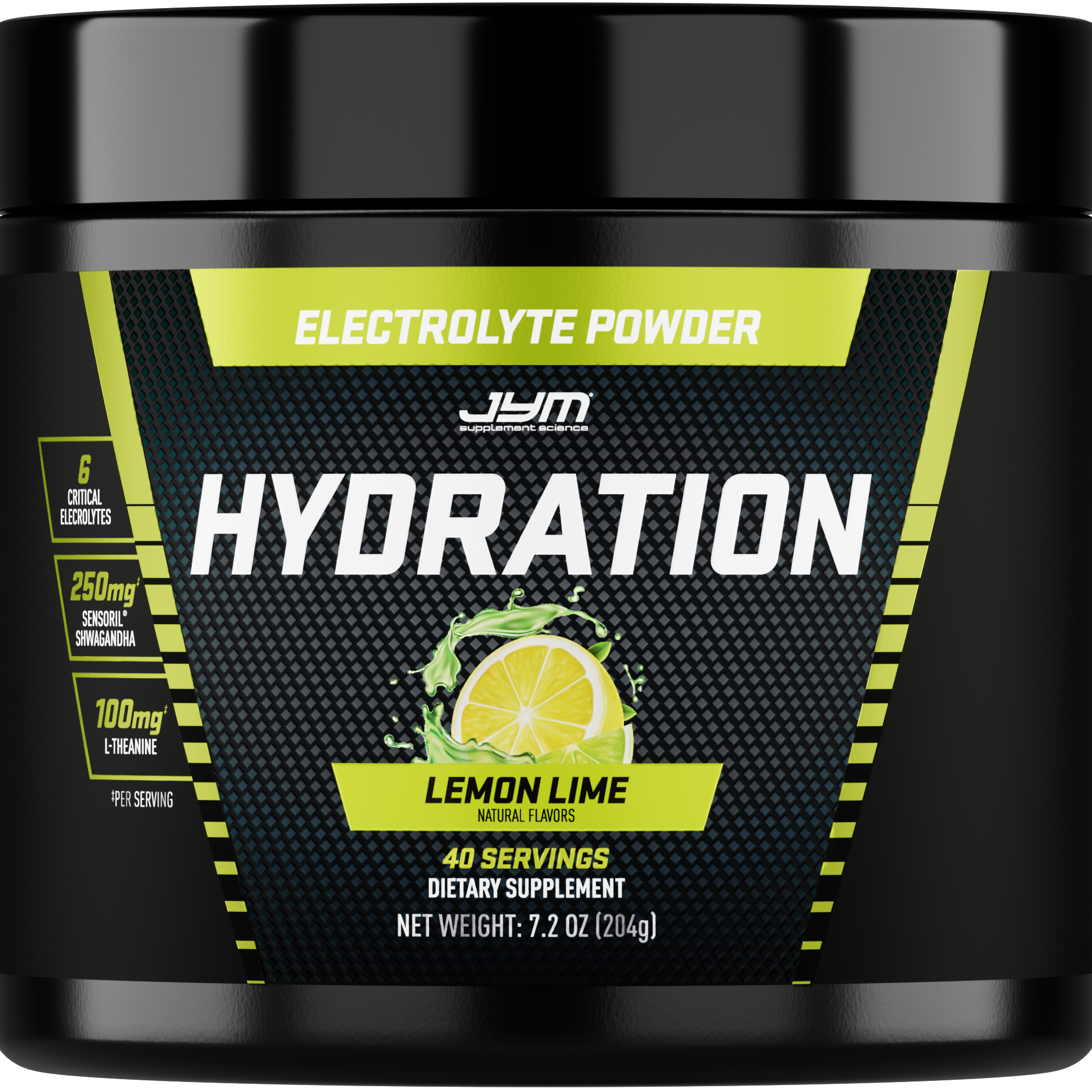A black tub of JHM Hydration Electrolyte Powder in Lemon Lime flavor, shown on a solid white background.