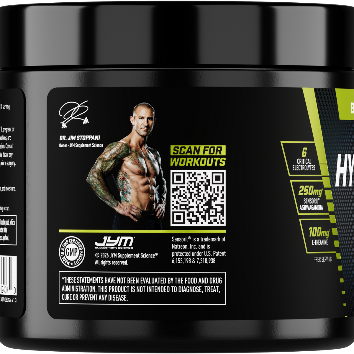 JYM Hydration Lemon Lime tub side panel with Dr. Jim Stoppani's photo, a Scan for Workouts QR code and electrolyte callouts. - image 9 of 10