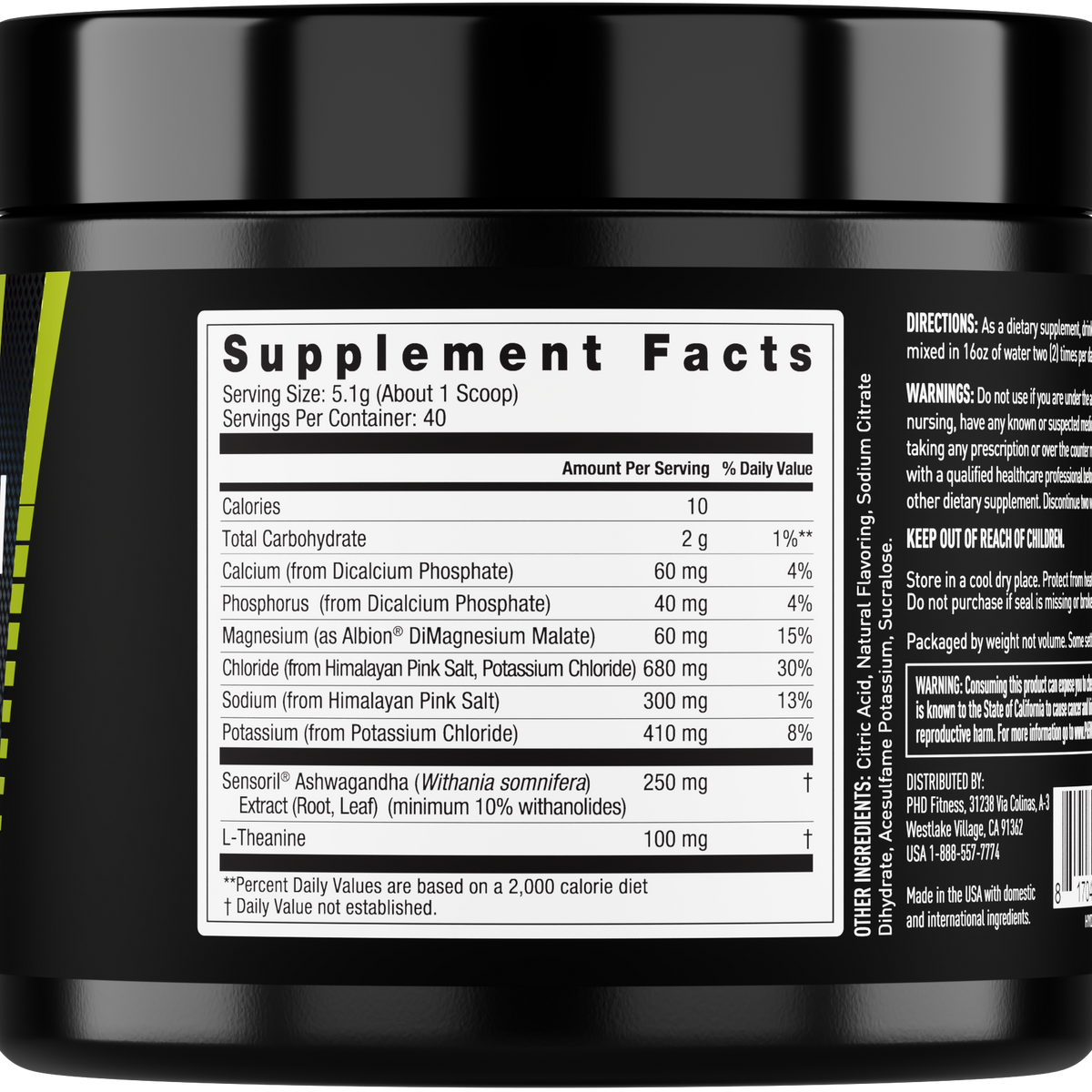 JYM Hydration Lemon Lime tub back showing the Supplement Facts panel with electrolytes, Sensoril ashwagandha and L-theanine, plus directions and warnings. - image 8 of 10