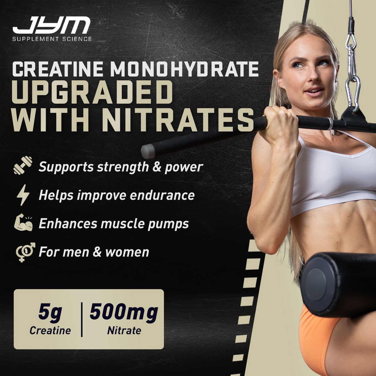 JYM Creatine+: "Creatine monohydrate upgraded with nitrates." 5g creatine and 500mg nitrate per serving for strength, power, endurance and pumps. - image 2 of 18