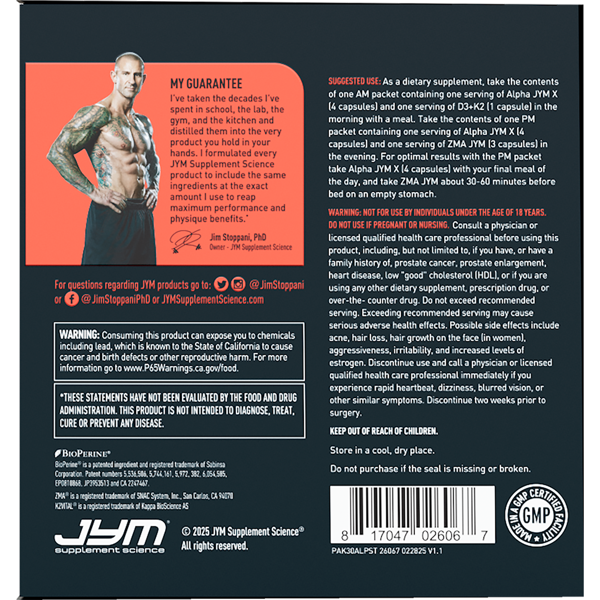 Back label of an Alpha Stack supplement container with Dr. Jim Stoppani, text, and branding. - image 4 of 5