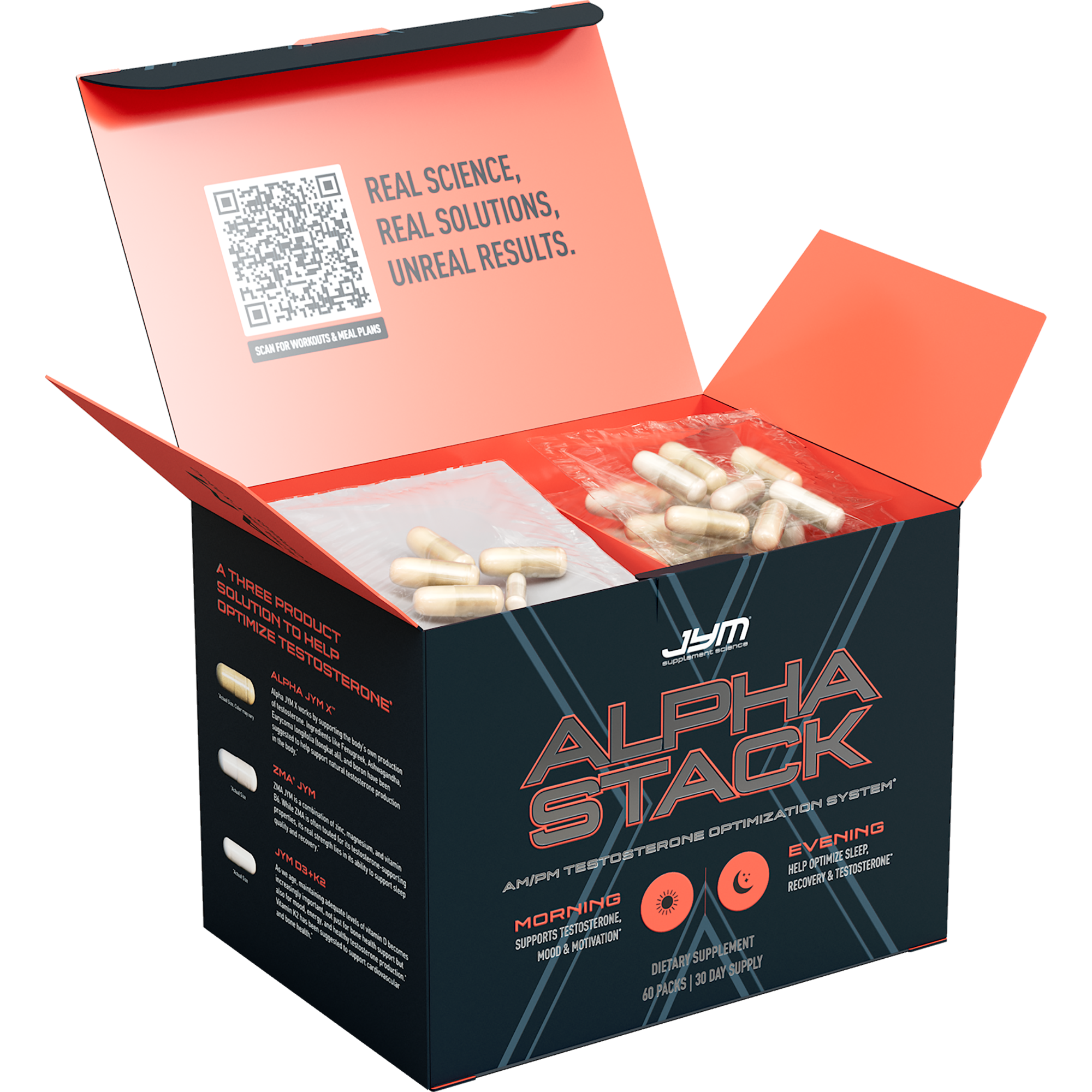 Alpha Stack supplement box with capsules inside, featuring a QR code and branding. - image 2 of 5
